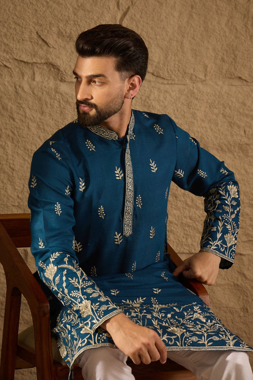 Blue Chanderi Silk Embroidered Straight Kurta HOPMKU1315