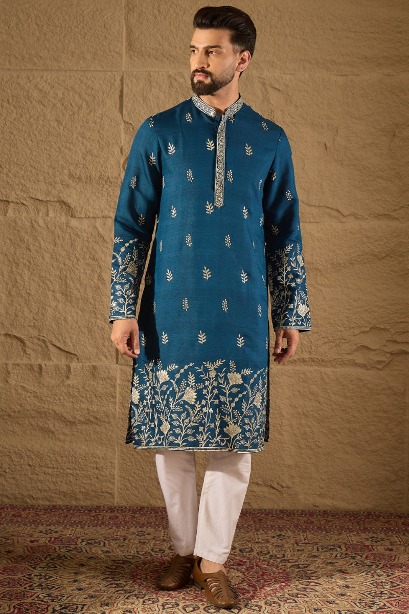 Blue Chanderi Silk Embroidered Straight Kurta HOPMKU1315