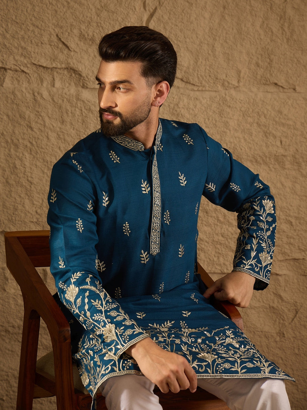 Men Blue Vertican Solid Embroidered Straight Kurta-MKU1315