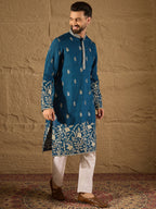Men Blue Vertican Solid Embroidered Straight Kurta-MKU1315