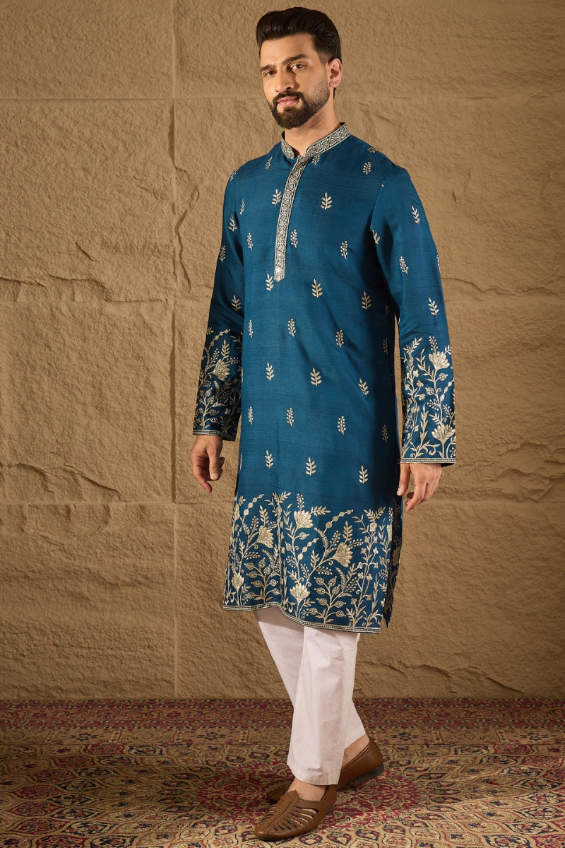 Blue Chanderi Silk Embroidered Straight Kurta HOPMKU1315