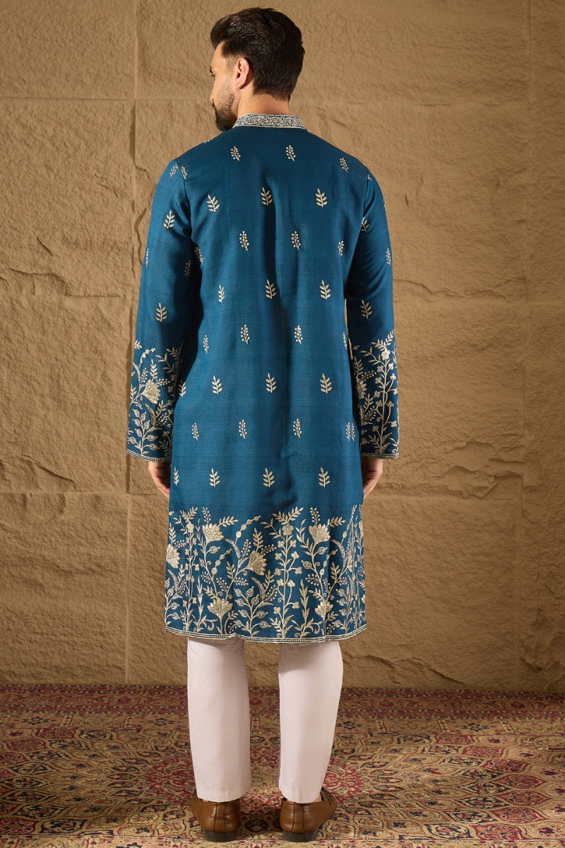 Blue Chanderi Silk Embroidered Straight Kurta HOPMKU1315