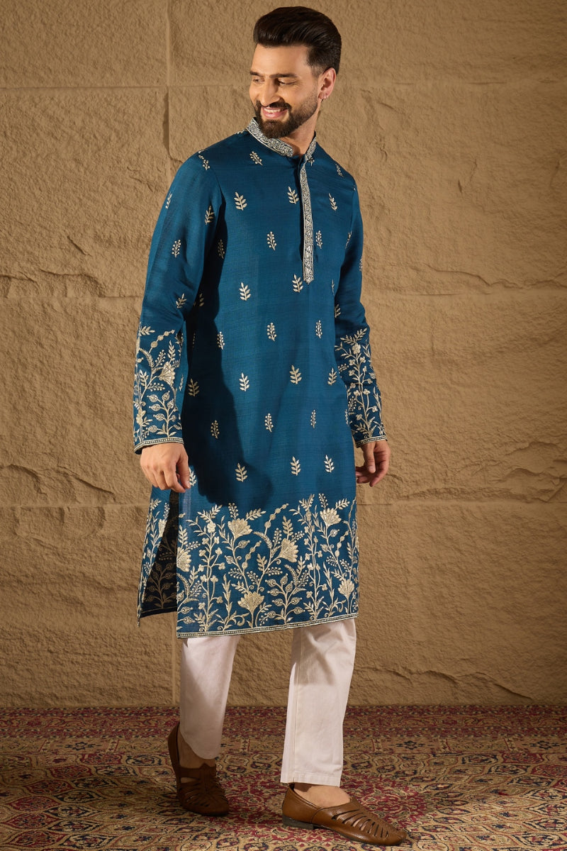 Blue Chanderi Silk Embroidered Straight Kurta HOPMKU1315
