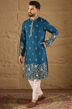 Blue Chanderi Silk Embroidered Straight Kurta HOPMKU1315