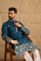 Blue Chanderi Silk Embroidered Straight Kurta HOPMKU1315