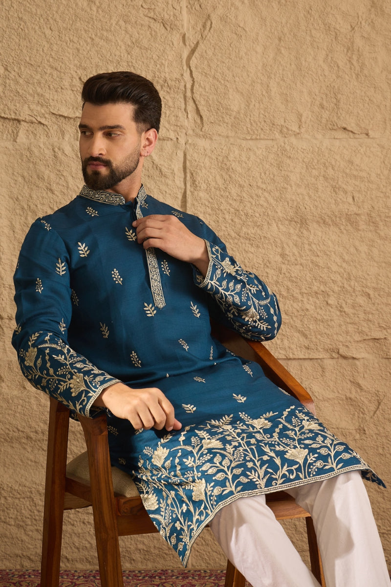 Blue Chanderi Silk Embroidered Straight Kurta HOPMKU1315