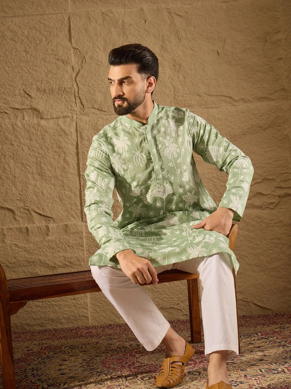 Men Green Chanderi Silk Embroidered Straight Kurta-MKU1316