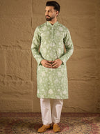 Men Green Chanderi Silk Embroidered Straight Kurta-MKU1316