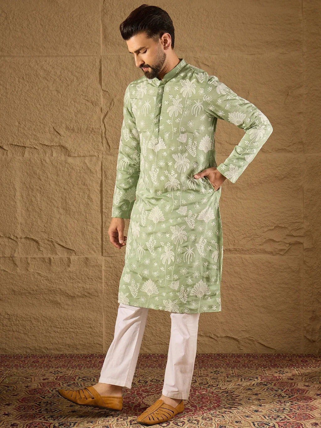 Men Green Chanderi Silk Embroidered Straight Kurta-MKU1316