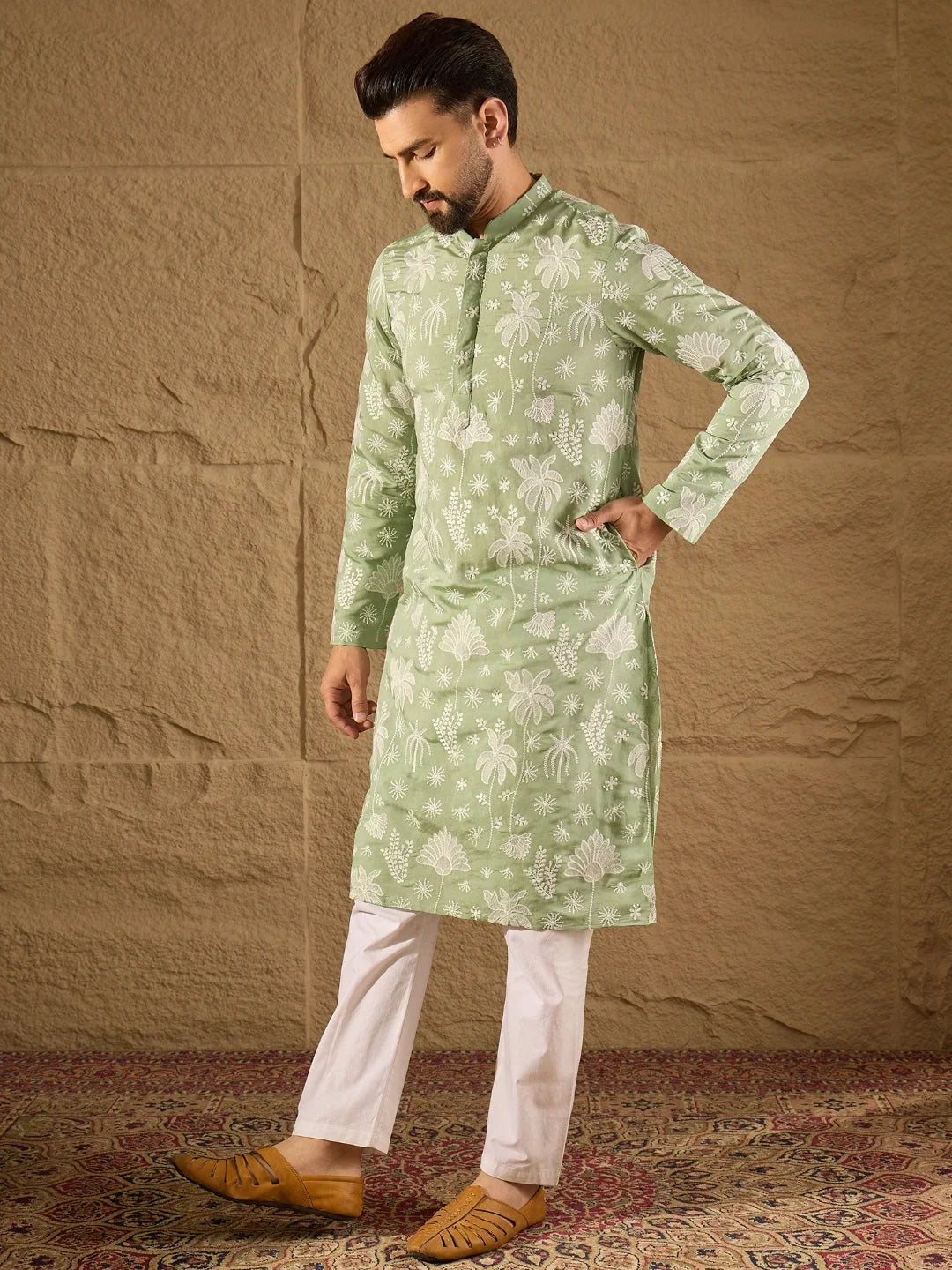 Men Green Chanderi Silk Embroidered Straight Kurta-MKU1316
