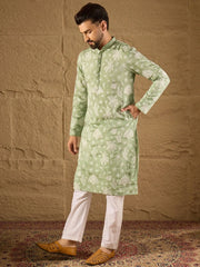 Men Green Chanderi Silk Embroidered Straight Kurta-MKU1316
