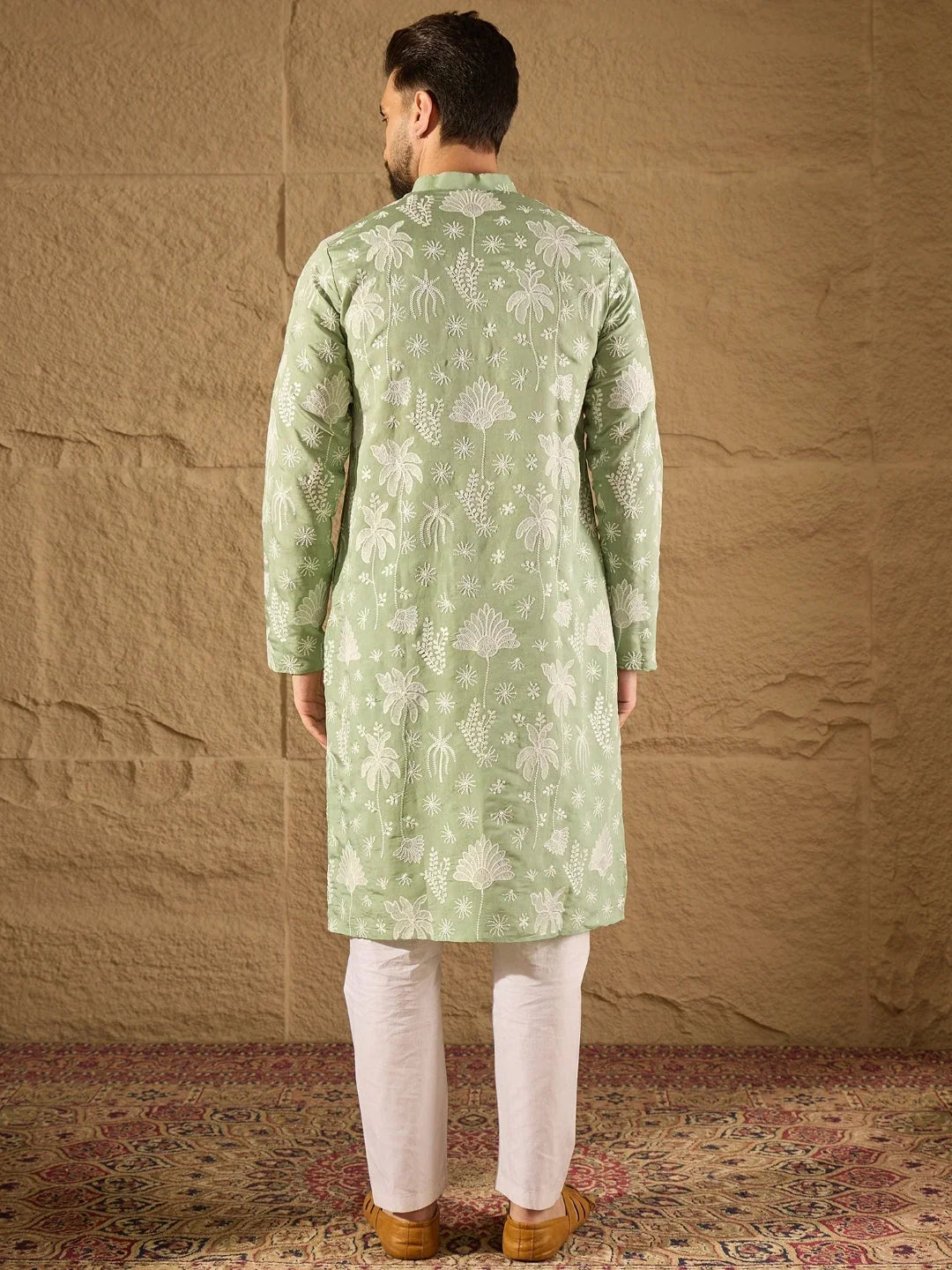 Men Green Chanderi Silk Embroidered Straight Kurta-MKU1316