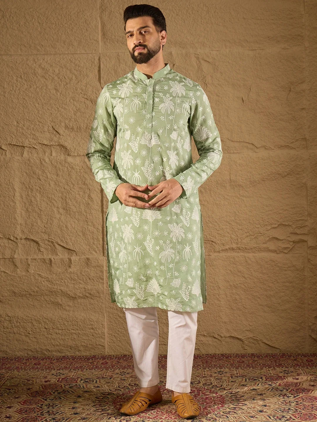 Men Green Chanderi Silk Embroidered Straight Kurta-MKU1316