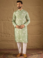 Men Green Chanderi Silk Embroidered Straight Kurta-MKU1316