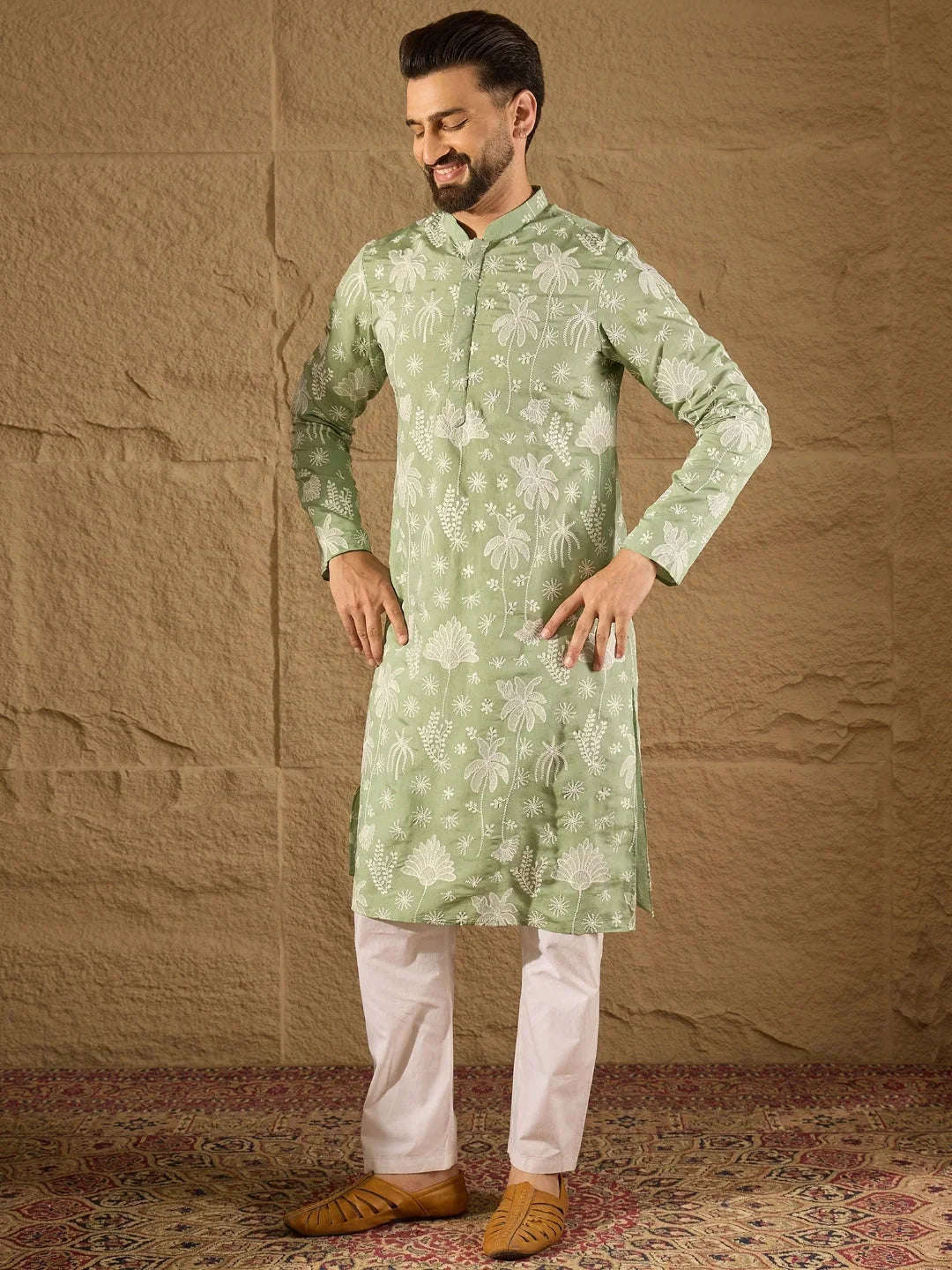 Men Green Chanderi Silk Embroidered Straight Kurta-MKU1316