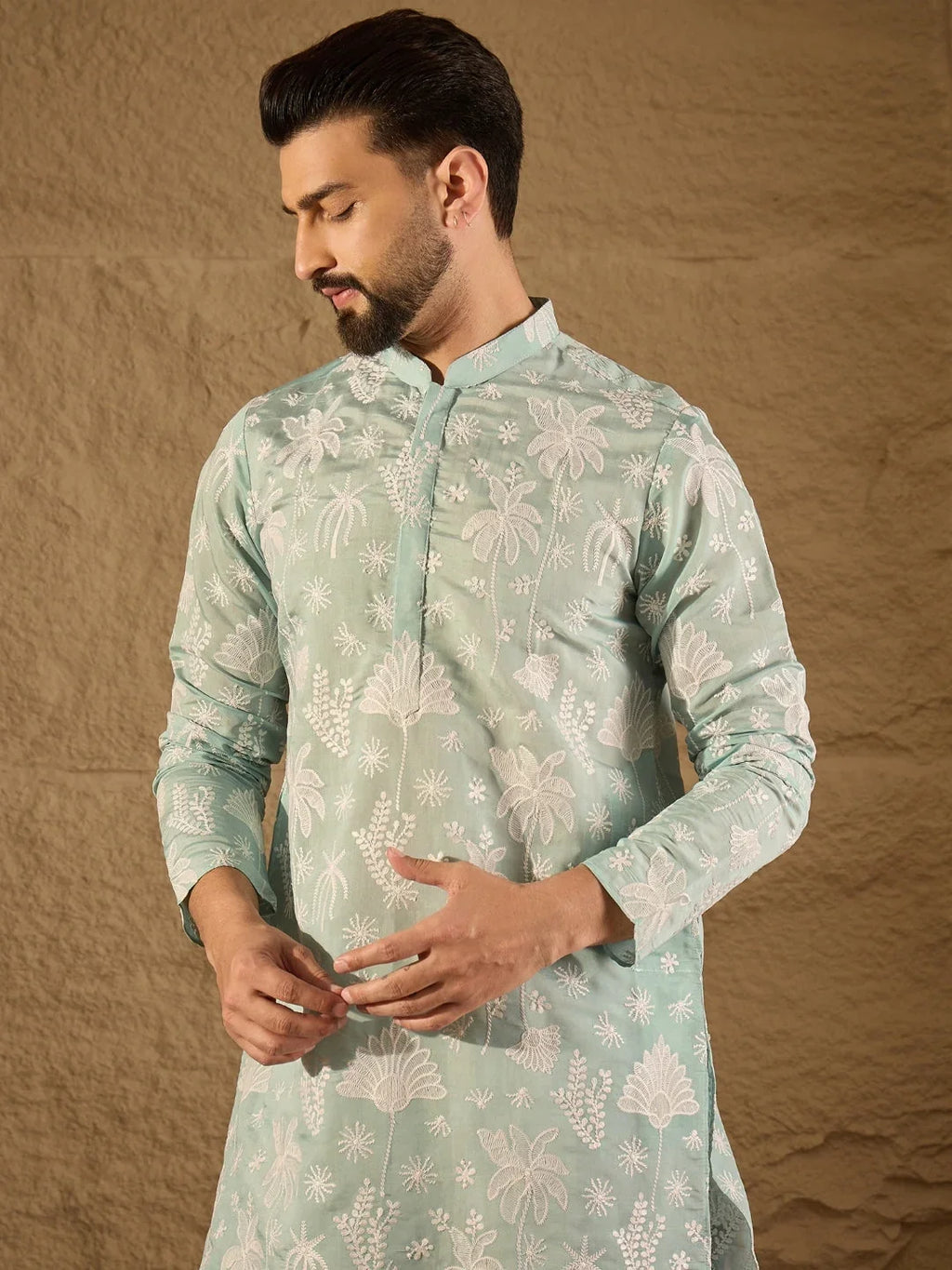 Men Blue Chanderi Silk Embroidered Straight Kurta-MKU1317