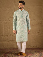 Men Blue Chanderi Silk Embroidered Straight Kurta-MKU1317