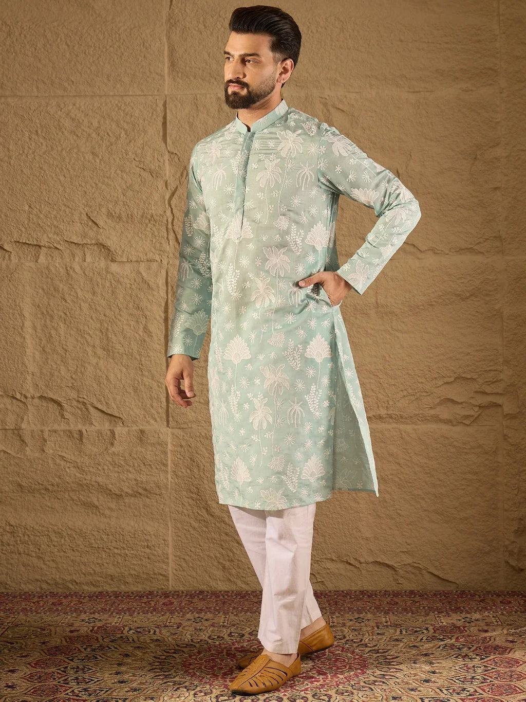 Men Blue Chanderi Silk Embroidered Straight Kurta-MKU1317
