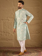 Men Blue Chanderi Silk Embroidered Straight Kurta-MKU1317