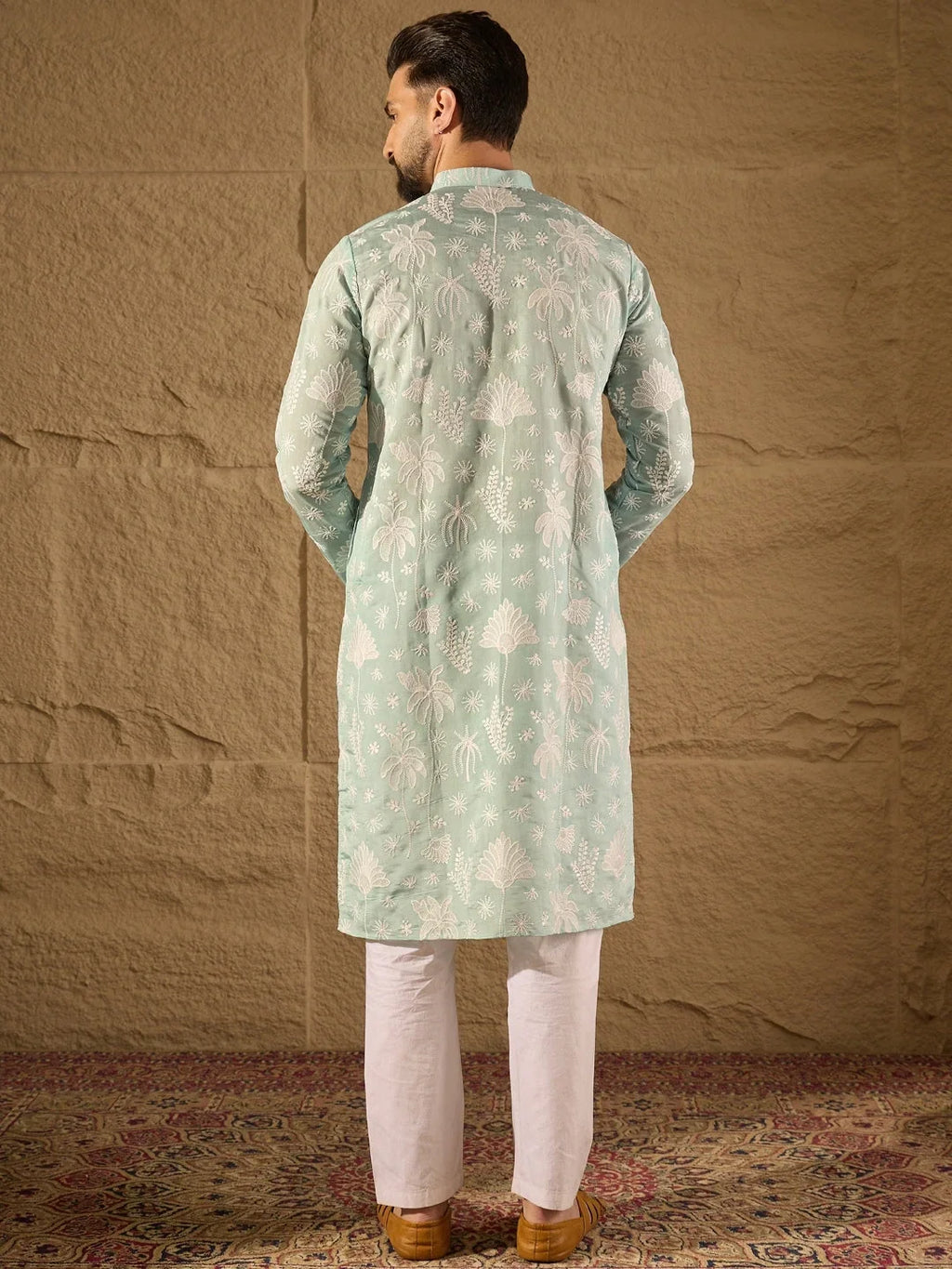 Men Blue Chanderi Silk Embroidered Straight Kurta-MKU1317
