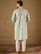 Men Blue Chanderi Silk Embroidered Straight Kurta-MKU1317