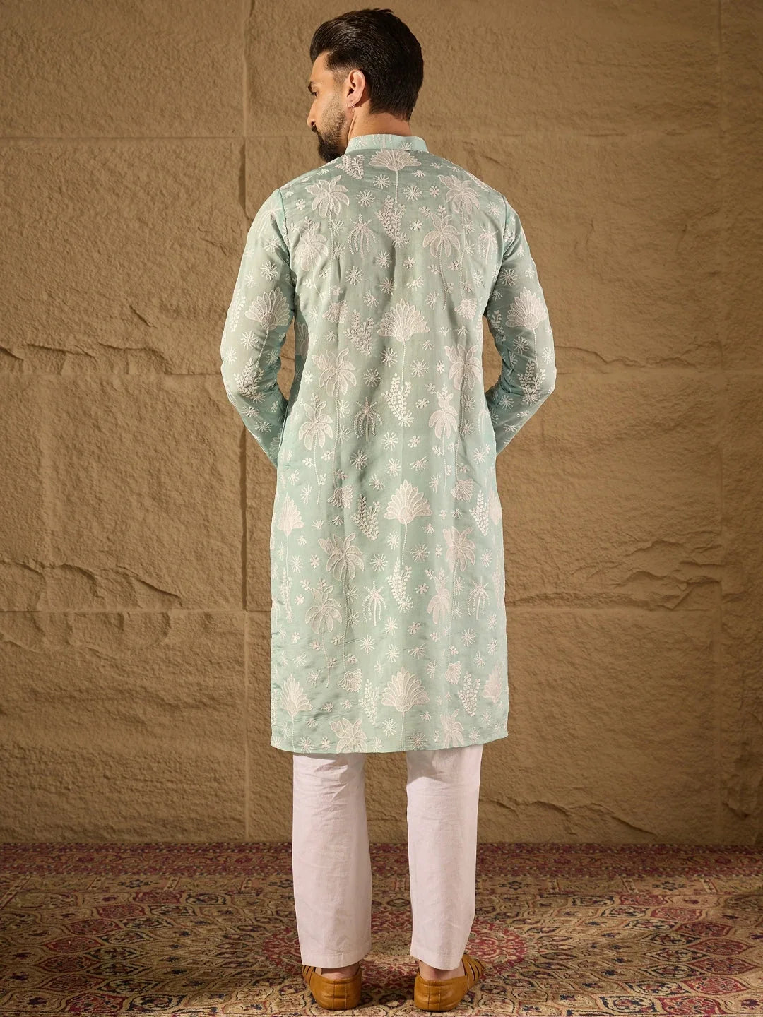 Men Blue Chanderi Silk Embroidered Straight Kurta-MKU1317