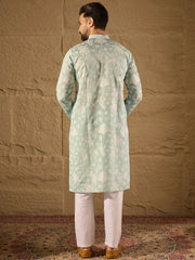 Men Blue Chanderi Silk Embroidered Straight Kurta-MKU1317
