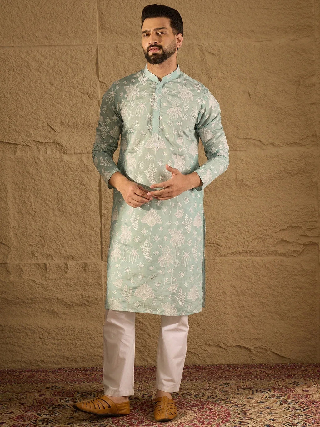 Men Blue Chanderi Silk Embroidered Straight Kurta-MKU1317