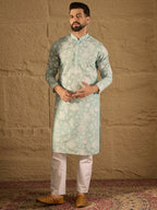 Men Blue Chanderi Silk Embroidered Straight Kurta-MKU1317