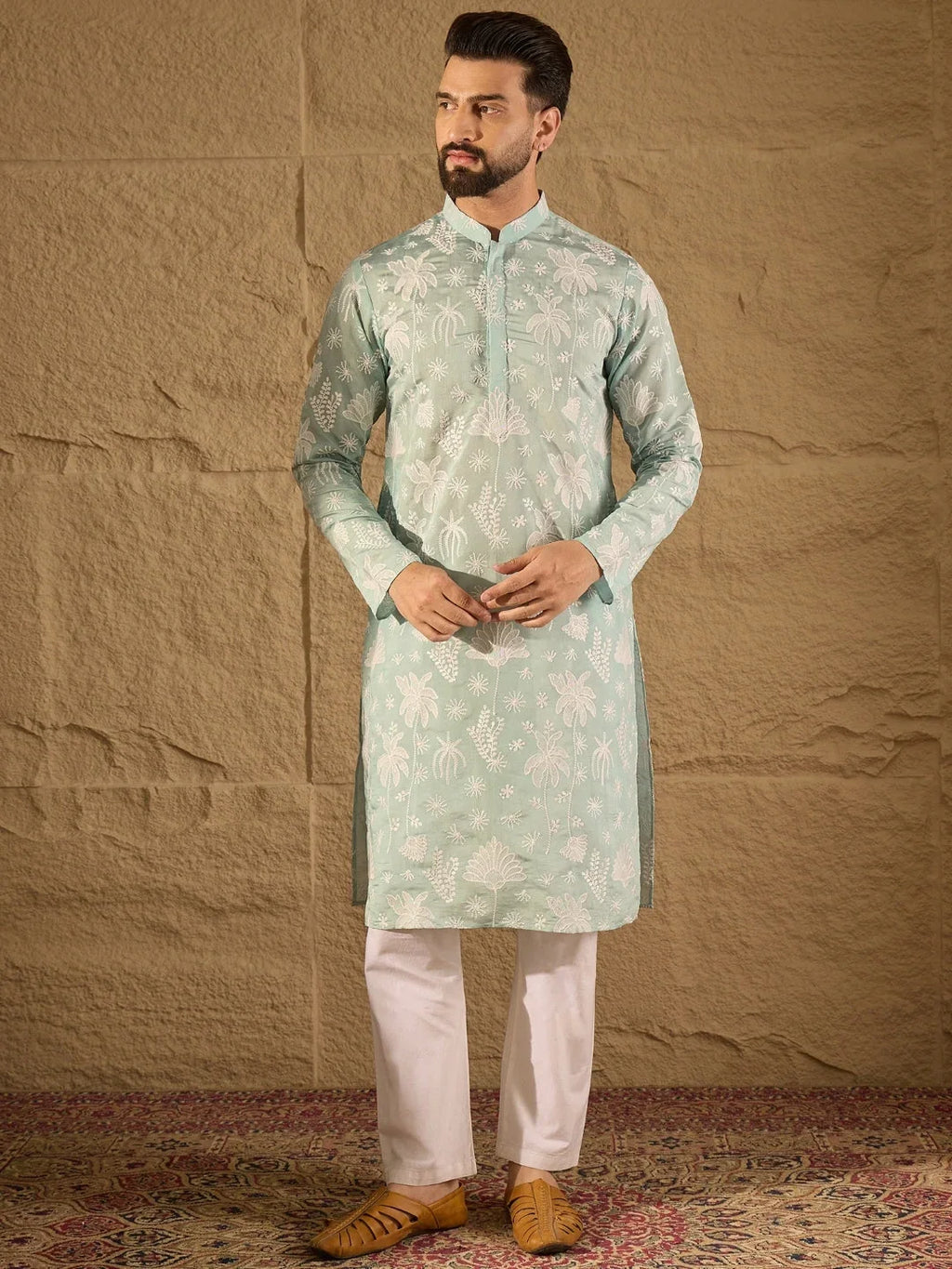 Men Blue Chanderi Silk Embroidered Straight Kurta-MKU1317
