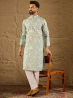 Men Blue Chanderi Silk Embroidered Straight Kurta-MKU1317