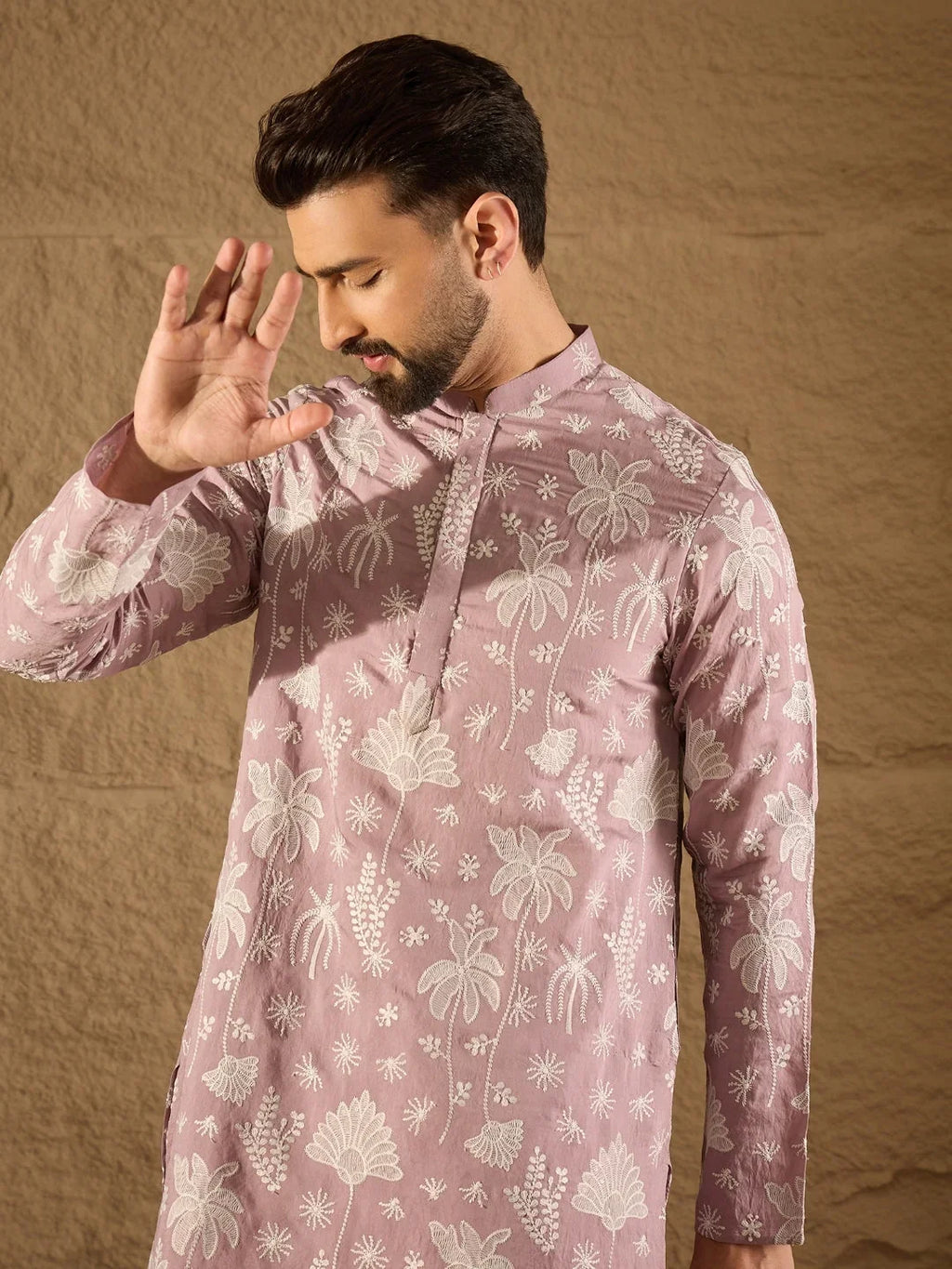 Men Lavender Chanderi Silk Embroidered Straight Kurta-MKU1318