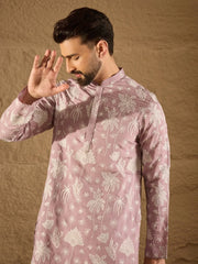 Men Lavender Chanderi Silk Embroidered Straight Kurta-MKU1318
