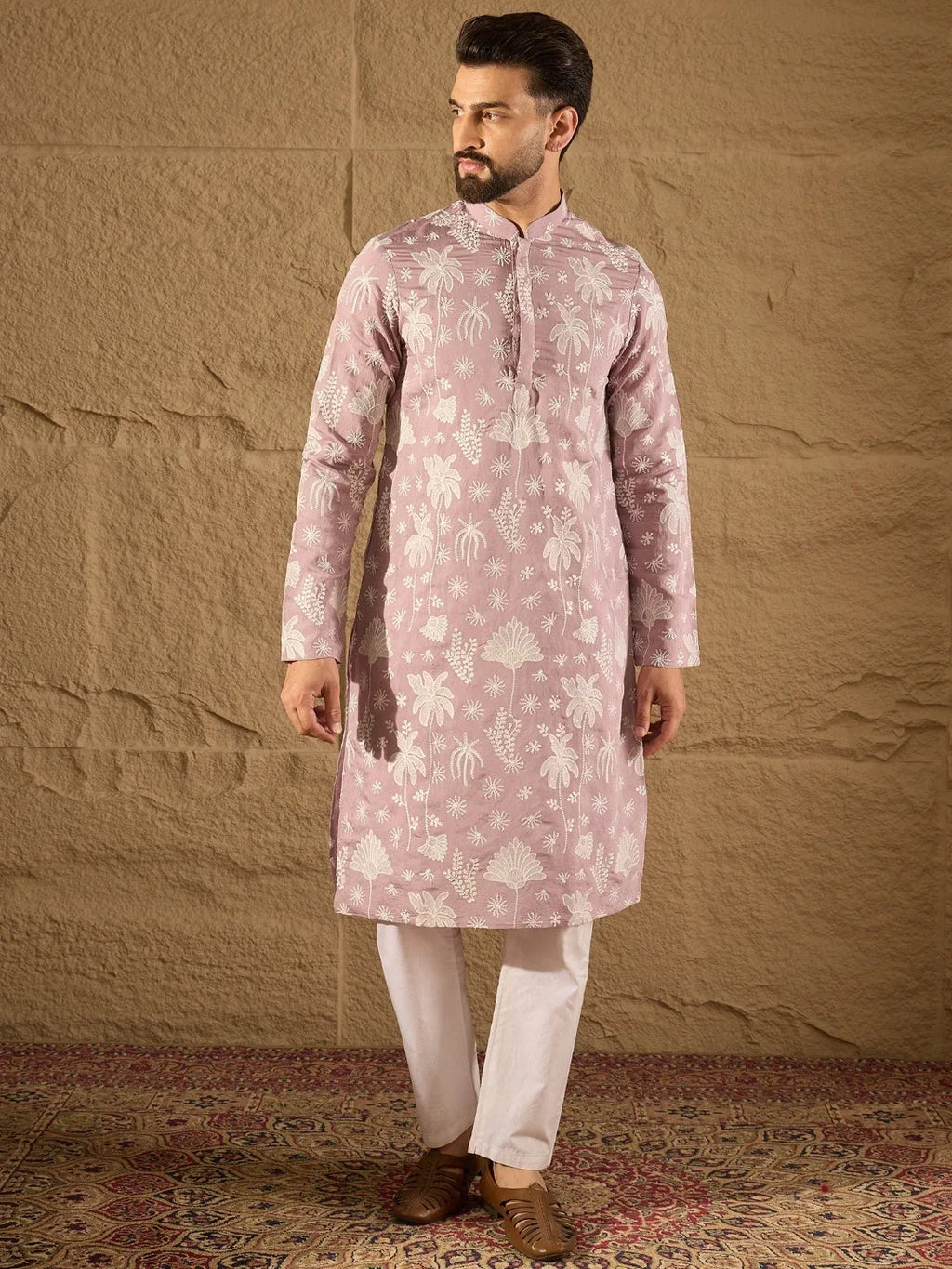Men Lavender Chanderi Silk Embroidered Straight Kurta-MKU1318