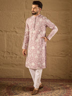 Men Lavender Chanderi Silk Embroidered Straight Kurta-MKU1318