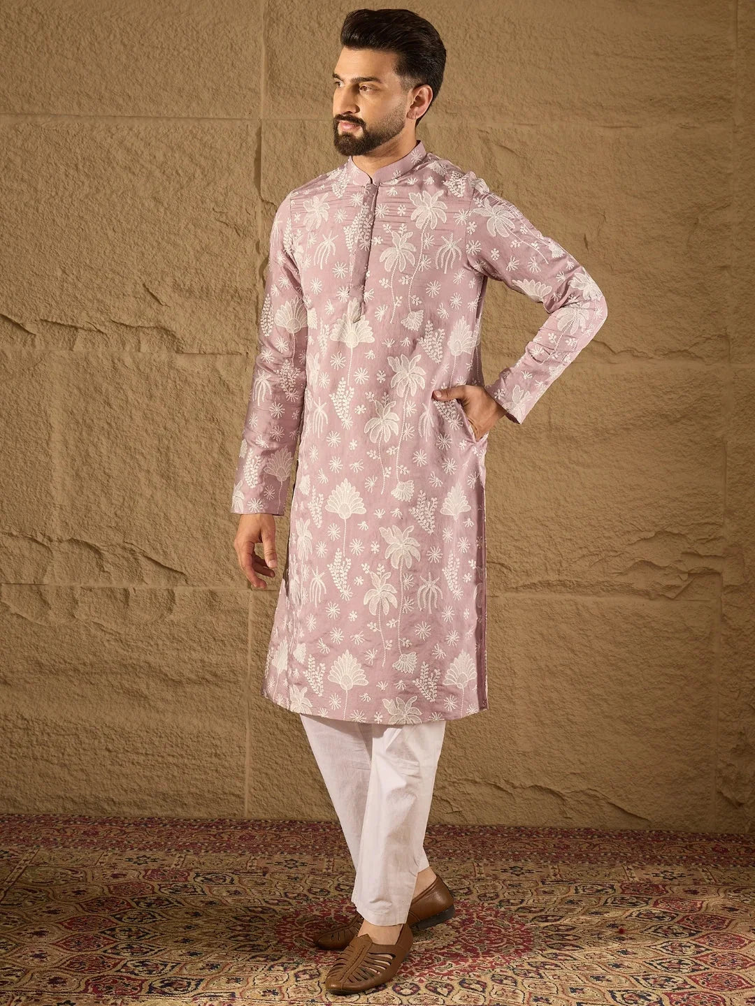 Men Lavender Chanderi Silk Embroidered Straight Kurta-MKU1318