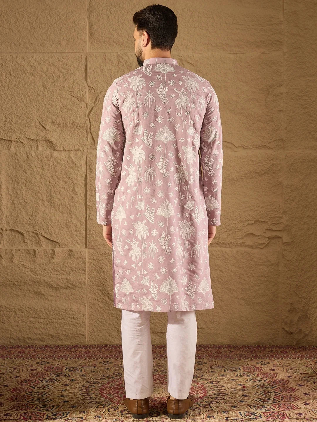 Men Lavender Chanderi Silk Embroidered Straight Kurta-MKU1318
