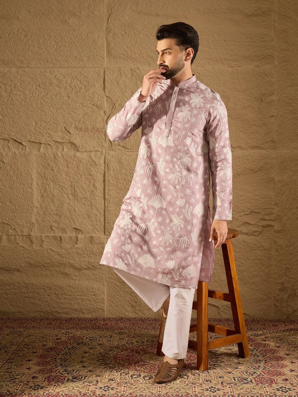 Men Lavender Chanderi Silk Embroidered Straight Kurta-MKU1318