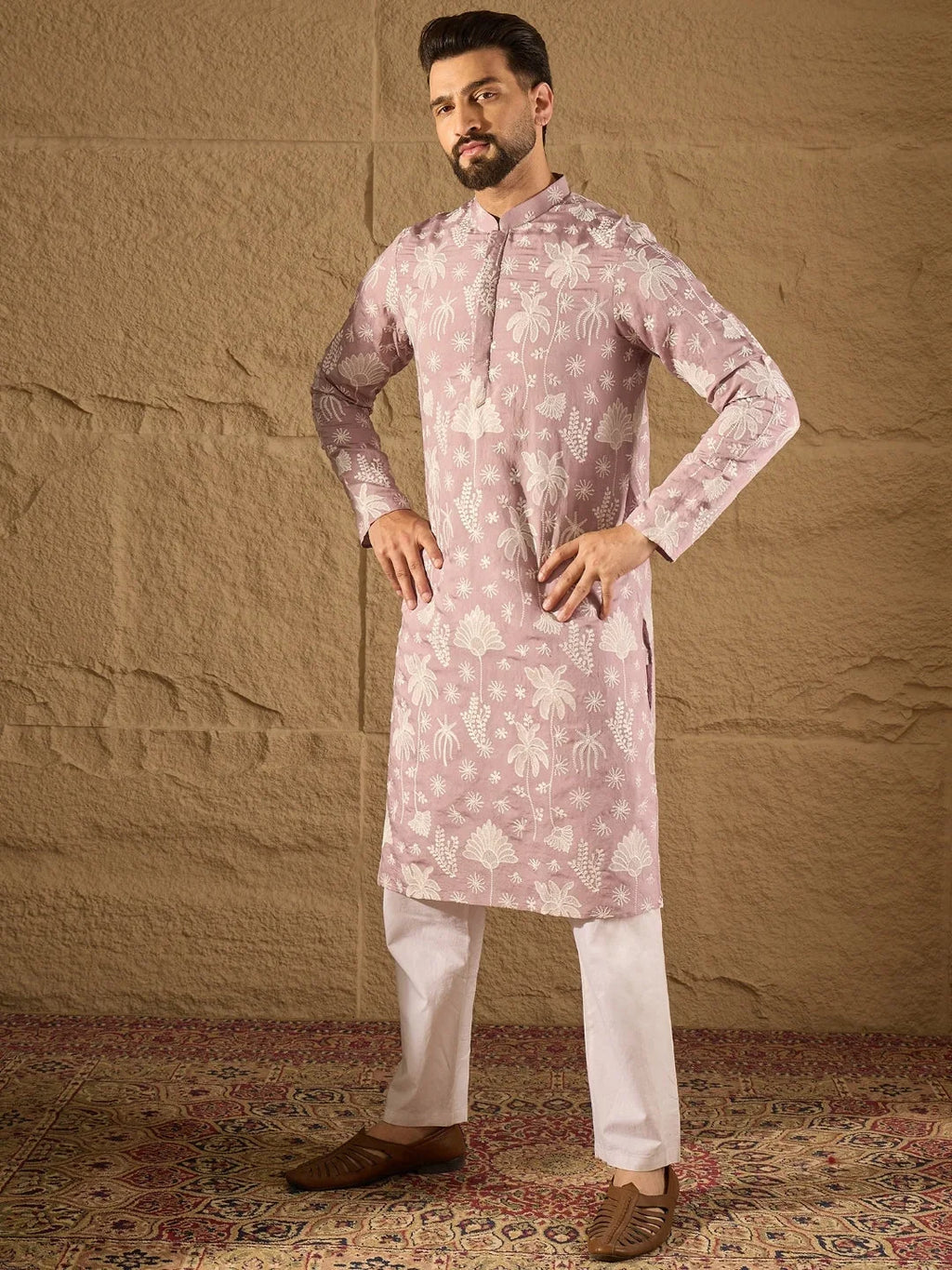 Men Lavender Chanderi Silk Embroidered Straight Kurta-MKU1318