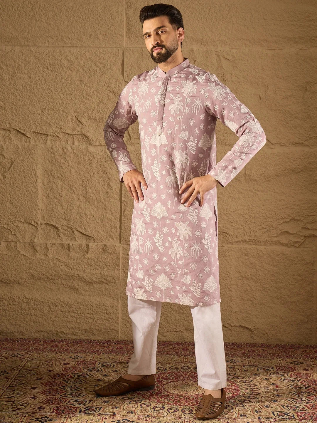 Men Lavender Chanderi Silk Embroidered Straight Kurta-MKU1318