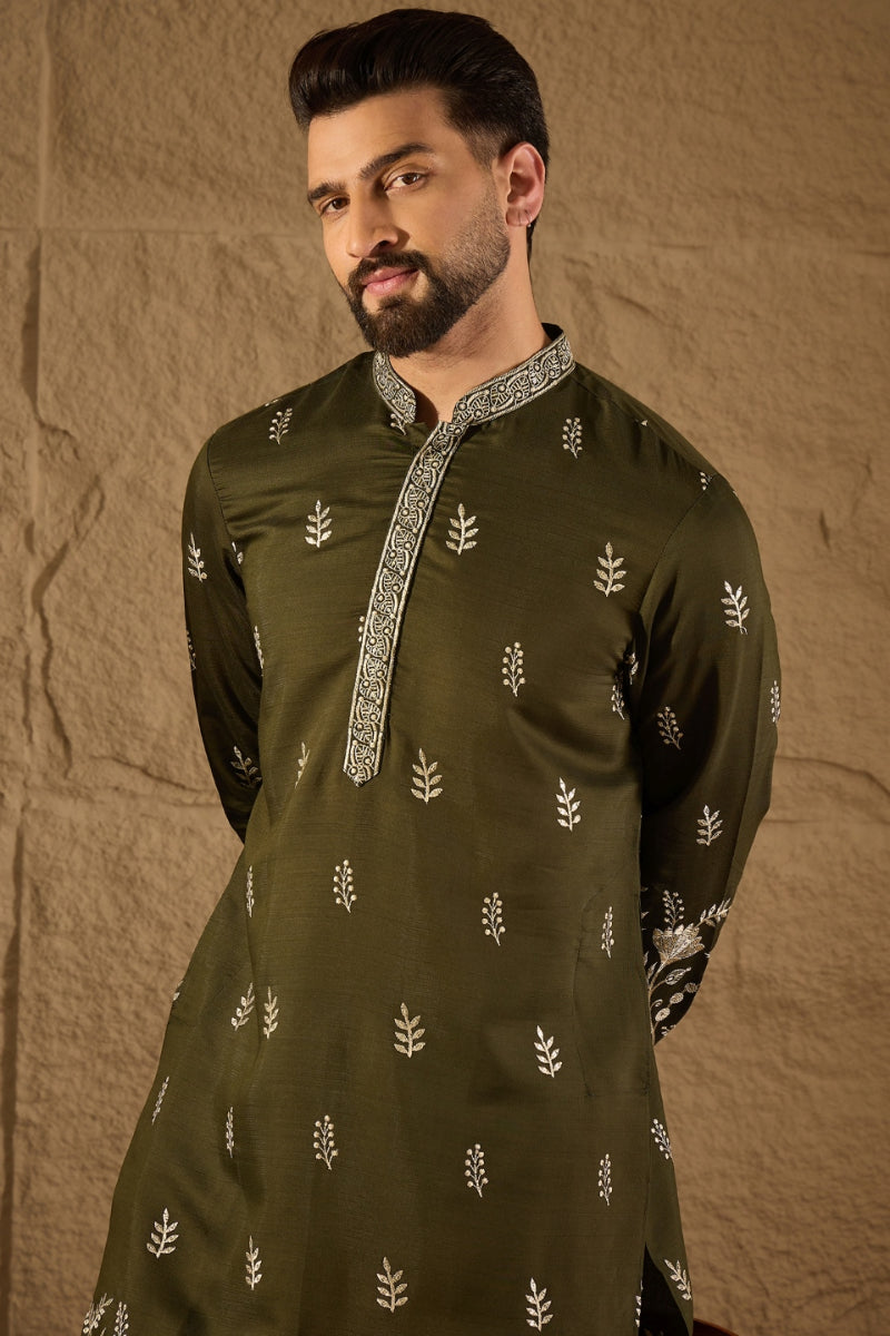 Olive Chanderi Silk Embroidered Straight Kurta HOPMKU1319