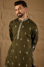 Olive Chanderi Silk Embroidered Straight Kurta HOPMKU1319