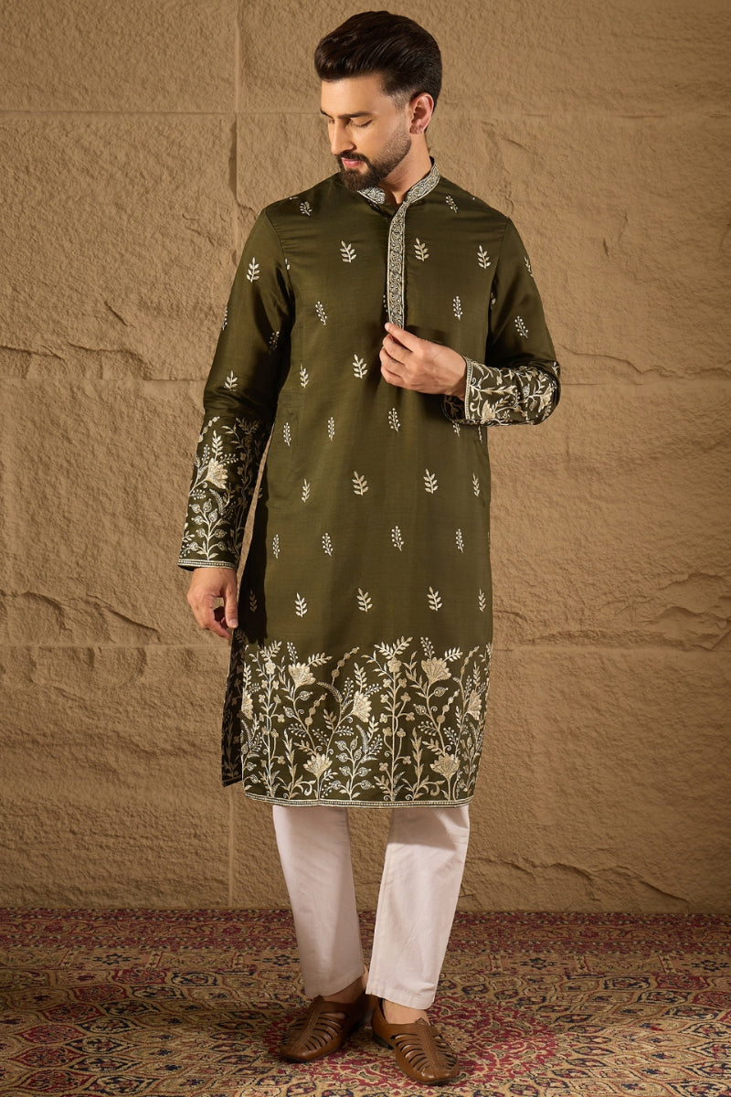 Olive Chanderi Silk Embroidered Straight Kurta HOPMKU1319