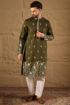 Olive Chanderi Silk Embroidered Straight Kurta HOPMKU1319