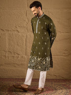 Men Olive Vertican Solid Embroidered Straight Kurta-MKU1319