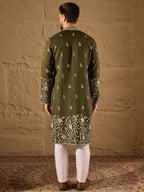 Men Olive Vertican Solid Embroidered Straight Kurta-MKU1319
