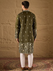 Men Olive Vertican Solid Embroidered Straight Kurta-MKU1319