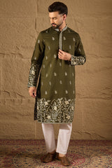 Olive Chanderi Silk Embroidered Straight Kurta HOPMKU1319