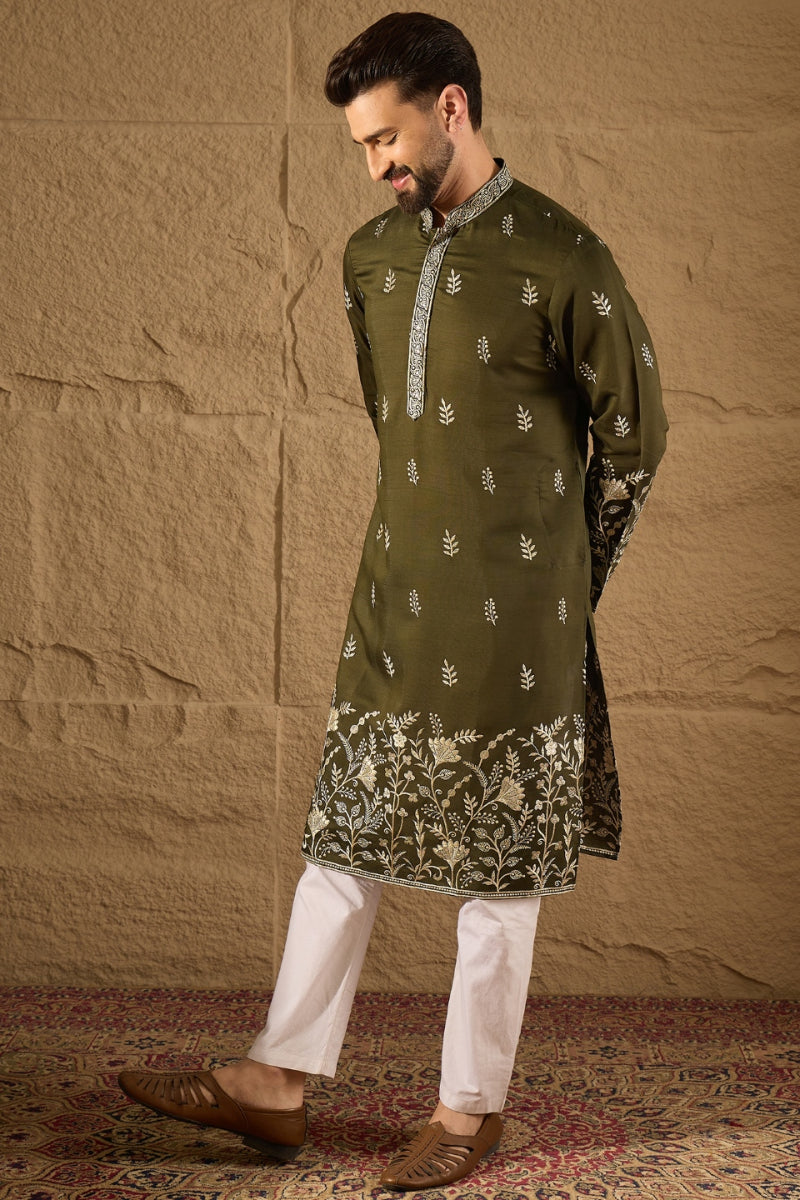Olive Chanderi Silk Embroidered Straight Kurta HOPMKU1319