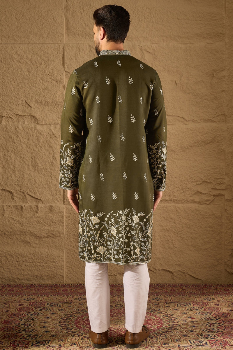 Olive Chanderi Silk Embroidered Straight Kurta HOPMKU1319